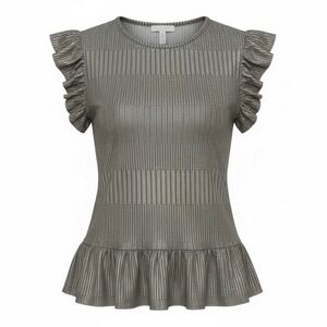 Kim & Cami Womens Silver Metallic Ribbed Ruffle Sleeve Peplum Top Womens Large